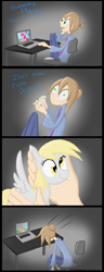 Size: 554x1440 | Tagged: safe, artist:thecheeseburger, derpibooru import, derpy hooves, fluttershy, pinkie pie, rainbow dash, human, comic, computer, toy