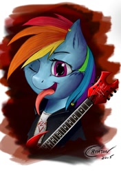 Size: 1200x1700 | Tagged: safe, artist:crimson, derpibooru import, rainbow dash, pegasus, pony, guitar, long tongue, one eye closed, solo, tongue out, wink