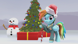 Size: 1920x1080 | Tagged: safe, artist:fd-daylight, derpibooru import, rainbow dash, pegasus, pony, 3d, candy, christmas tree, clothes, cute, food, happy, hat, looking at you, santa hat, scarf, snowman, solo, source filmmaker, tree, underhoof