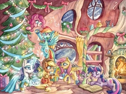 Size: 6828x5077 | Tagged: safe, artist:the-wizard-of-art, derpibooru import, applejack, fluttershy, pinkie pie, rainbow dash, rarity, spike, twilight sparkle, unicorn twilight, dragon, earth pony, pegasus, pony, unicorn, absurd resolution, book, bookshelf, cake, chocolate, christmas ornament, christmas tree, christmas wreath, clothes, decoration, dress, female, fireplace, food, golden oaks library, hot chocolate, it's a pony kind of christmas, magic, male, mane seven, mane six, mare, present, prone, scarf, snow, snowfall, telekinesis, traditional art, tree, watercolor painting