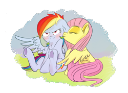 Size: 3507x2550 | Tagged: safe, artist:skunkwaffle, fluttershy, rainbow dash, pegasus, pony, blushing, cute, eyes closed, female, floppy ears, fluffy, flutterdash, frown, grumpy, lesbian, nose wrinkle, nuzzling, pouting, shipping, simple background, sitting, smiling, spread wings, underhoof