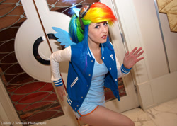 Size: 2048x1462 | Tagged: safe, artist:scruffyrebel, rainbow dash, human, cosplay, irl, irl human, photo, solo