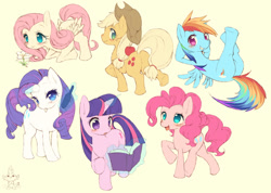 Size: 1200x855 | Tagged: safe, artist:kishibe, derpibooru import, applejack, fluttershy, pinkie pie, rainbow dash, rarity, spike, twilight sparkle, dragon, earth pony, pegasus, pony, unicorn, apple, cute, dashabetes, diapinkes, flower, food, jackabetes, legs in air, magic, mane seven, mane six, raribetes, shyabetes, telekinesis, twiabetes