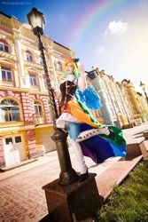 Size: 600x900 | Tagged: safe, artist:furuko yoiko, rainbow dash, human, clothes, cosplay, dress, fashion, gala dress, high heel boots, irl, irl human, lamppost, photo, rainbow, redesign, solo, steampunk