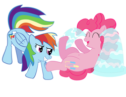 Size: 1650x1275 | Tagged: safe, artist:saburodaimando, derpibooru import, pinkie pie, rainbow dash, earth pony, pegasus, pony, belly button, eyes closed, hilarious in hindsight, laughing, ocular gushers, tickling, wings