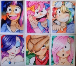 Size: 1280x1114 | Tagged: safe, artist:artfrog75, derpibooru import, applejack, fluttershy, pinkie pie, rainbow dash, rarity, twilight sparkle, human, :o, glasses, humanized, mane six, one eye closed, open mouth, traditional art, watermark, wink