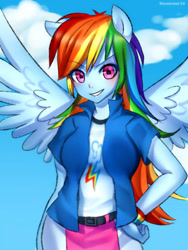 Size: 450x600 | Tagged: safe, artist:racoonsan, edit, rainbow dash, equestria girls, breasts, clothes, female, pixlr, ponied up, rainboob dash, solo