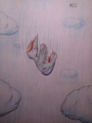 Size: 576x768 | Tagged: safe, artist:ponystarpony, derpibooru import, rainbow dash, pegasus, pony, cloud, falling, solo, traditional art