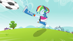 Size: 1920x1080 | Tagged: safe, derpibooru import, screencap, rainbow dash, equestria girls, ball, boots, clothes, compression shorts, field, football, goal, kick, skirt, solo, wristband