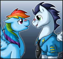 Size: 1024x958 | Tagged: safe, artist:stormblaze-pegasus, rainbow dash, soarin', pegasus, pony, blushing, clothes, eye contact, female, male, shipping, smiling, soarindash, straight, uniform, wonderbolts dress uniform