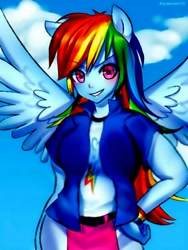 Size: 450x600 | Tagged: safe, artist:racoonsan, edit, rainbow dash, equestria girls, clothes, female, pixlr, ponied up, solo