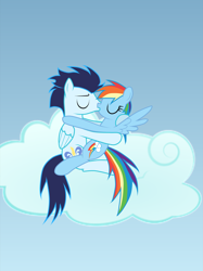 Size: 1024x1368 | Tagged: safe, artist:rulette, rainbow dash, soarin', pegasus, pony, cloud, eyes closed, female, hug, kissing, male, shipping, soarindash, spread wings, straight