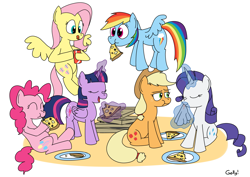 Size: 2815x1993 | Tagged: safe, artist:rapidstrike, derpibooru import, applejack, fluttershy, pinkie pie, rainbow dash, rarity, twilight sparkle, twilight sparkle (alicorn), alicorn, earth pony, pegasus, pony, unicorn, can, drink, eating, female, food, magic, mane six, mare, napkin, party, pizza, plate, soda, telekinesis