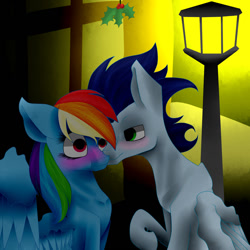 Size: 1024x1024 | Tagged: safe, artist:scalestroke315, derpibooru import, rainbow dash, soarin', pegasus, pony, holly, holly mistaken for mistletoe, male, shipping, soarindash, straight