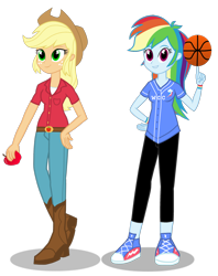 Size: 1478x1862 | Tagged: dead source, safe, artist:drewmwhit, derpibooru import, applejack, rainbow dash, equestria girls, basketball, clothes, duo, pants, simple background, white background