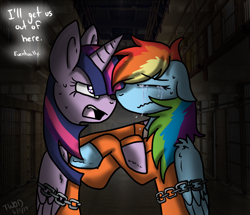 Size: 946x814 | Tagged: safe, artist:thewolfofdark, rainbow dash, twilight sparkle, twilight sparkle (alicorn), alicorn, pegasus, pony, bound wings, chains, clothes, crying, duo, female, mare, prison, prison outfit, prisoner, prisoner rd, prisoner ts, sad