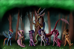 Size: 2000x1315 | Tagged: safe, artist:miokomata, derpibooru import, applejack, discord, fluttershy, pinkie pie, rainbow dash, rarity, twilight sparkle, earth pony, pegasus, pony, unicorn, angry, bipedal, flutterbitch, liarjack, mane six