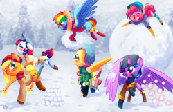 Size: 1920x1242 | Tagged: safe, artist:halem1991, derpibooru import, applejack, fluttershy, pinkie pie, rainbow dash, rarity, twilight sparkle, twilight sparkle (alicorn), alicorn, earth pony, pegasus, pony, unicorn, backwards cutie mark, beanie, blushing, bucking, clothes, eyes closed, floppy ears, flying, freckles, hat, levitation, magic, mane six, open mouth, raised hoof, raised leg, red nosed, scarf, smiling, snow, snowball fight, snowfall, spread wings, telekinesis, war