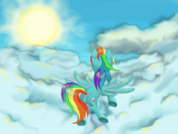 Size: 1350x1020 | Tagged: safe, artist:ariah101, rainbow dash, pegasus, pony, back, cloud, cloudy, flying, solo