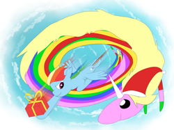 Size: 1843x1378 | Tagged: safe, artist:yinglongfujun, derpibooru import, rainbow dash, pegasus, pony, adventure time, christmas, flying, hearth's warming, lady rainicorn, present, sky