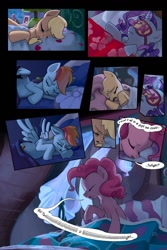 Size: 720x1080 | Tagged: safe, artist:tswt, derpibooru import, applejack, fluttershy, pinkie pie, rainbow dash, rarity, earth pony, pegasus, pony, unicorn, comic:friendship update, bed, comic, dream, female, mare, night, nightmare, sleep mask, sleeping