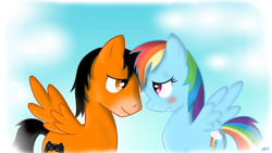 Size: 1920x1080 | Tagged: safe, artist:whatsapokemon, rainbow dash, oc, pegasus, pony, canon x oc, orange blaster, shipping