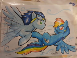 Size: 1024x768 | Tagged: safe, artist:dawnallies, rainbow dash, soarin', pegasus, pony, female, flying, goggles, male, race, shipping, smiling, soarindash, straight, traditional art