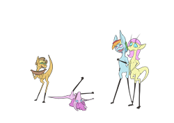 Size: 2828x2000 | Tagged: safe, artist:happy harvey, derpibooru import, applejack, applejack (male), bubble berry, butterscotch, fluttershy, pinkie pie, rainbow blitz, rainbow dash, dream on phone, ponified, rule 63, species swap, yinglet