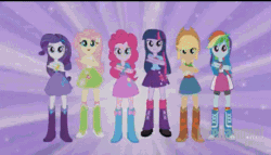 Size: 601x343 | Tagged: safe, derpibooru import, applejack, fluttershy, pinkie pie, rainbow dash, rarity, twilight sparkle, equestria girls, animated, boots, commercial, dancing, eg stomp, equestria girls prototype, high heel boots, magic of friendship (equestria girls), mane six, the equestria stompers
