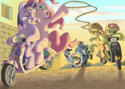 Size: 3508x2480 | Tagged: safe, artist:crispokefan, derpibooru import, applejack, fluttershy, pinkie pie, rainbow dash, rarity, twilight sparkle, earth pony, pegasus, pony, unicorn, lasso, mane six, race, riding, rope, scooter