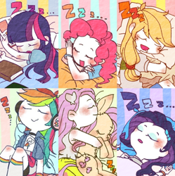 Size: 636x638 | Tagged: safe, artist:chi-hayu, derpibooru import, applejack, fluttershy, pinkie pie, rainbow dash, rarity, twilight sparkle, pony, equestria girls, blushing, book, chibi, clothes, cute, eyes closed, female, freckles, humanized, mane six, open mouth, pillow, pixiv, plushie, sleeping, zzz