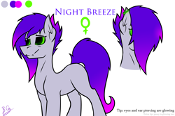 Size: 3000x2000 | Tagged: safe, artist:burninggryphon, derpibooru import, oc, oc only, oc:night breeze, fangs, glowing eyes, piercing, reference sheet, solo