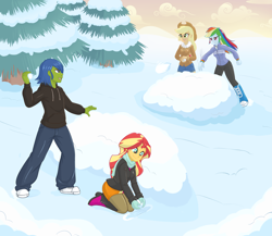 Size: 2470x2140 | Tagged: safe, artist:rapps, derpibooru import, applejack, rainbow dash, sunset shimmer, oc, oc:rally flag, equestria girls, snow, snowball, snowball fight, tree