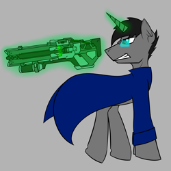 Size: 2000x2000 | Tagged: safe, artist:burninggryphon, derpibooru import, oc, oc only, oc:rising knight, alicorn, pony, cape, clothes, glasses, gray background, gun, magic, overwatch, rifle, simple background, soldier 76, solo, weapon