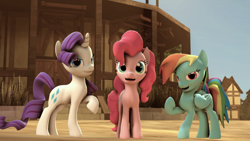 Size: 800x450 | Tagged: safe, artist:ferexes, derpibooru import, pinkie pie, rainbow dash, rarity, earth pony, pegasus, pony, unicorn, 3d, ponyville, raised hoof, source filmmaker