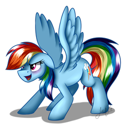 Size: 1250x1250 | Tagged: safe, artist:jack-pie, derpibooru import, rainbow dash, pegasus, pony, backwards cutie mark, blushing, open mouth, smiling, solo, spread wings