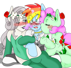 Size: 1689x1608 | Tagged: safe, artist:blackbewhite2k7, derpibooru import, fluttershy, pinkie pie, rainbow dash, earth pony, pegasus, pony, blushing, bruce wayne, crossover, female, flora beast, flutterdash, flutterdashpie, harley quinn, kissing, lesbian, mind control, pheromones, pinkiedash, poison ivy, polyamory