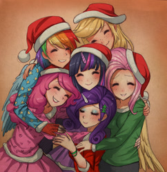 Size: 800x828 | Tagged: safe, artist:racoonsan, derpibooru import, applejack, fluttershy, pinkie pie, rainbow dash, rarity, twilight sparkle, human, clothes, eyes closed, female, grin, group hug, hat, horned humanization, hug, humanized, mane six, santa hat, smiling, traditional art, winged humanization