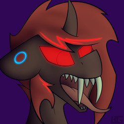 Size: 1500x1500 | Tagged: safe, artist:burninggryphon, derpibooru import, oc, oc:flashlight, changeling, angry, changeling oc, ear piercing, earring, floppy ears, glowing eyes, glowing mane, glowing piercing, jewelry, piercing, red changeling, snake tongue, solo, teeth