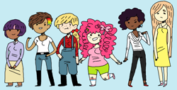 Size: 1280x648 | Tagged: artist needed, safe, derpibooru import, applejack, fluttershy, pinkie pie, rainbow dash, rarity, twilight sparkle, human, clothes, diversity, humanized, mane six, natural hair color