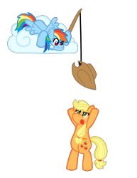 Size: 2550x3300 | Tagged: safe, artist:zanefir-dran, derpibooru import, applejack, rainbow dash, earth pony, pegasus, pony, bipedal, cloud, fishing rod, hat, stealing