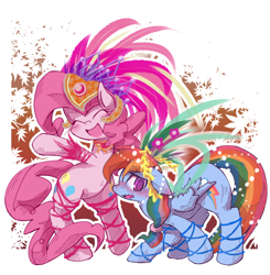 Size: 1000x1020 | Tagged: safe, artist:kolshica, derpibooru import, pinkie pie, rainbow dash, earth pony, pegasus, pony, bipedal, blushing, carnival, dressup, duo, embarrassed, headdress, open mouth, rainbow dash always dresses in style