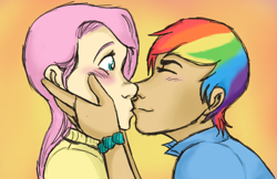 Size: 1004x649 | Tagged: safe, artist:adwinffel, fluttershy, rainbow dash, human, blushing, female, flutterdash, humanized, kissing, lesbian, shipping