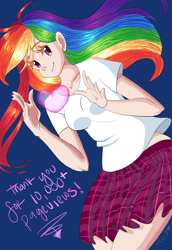 Size: 1024x1489 | Tagged: safe, artist:paris-the-platypus, derpibooru import, rainbow dash, human, clothes, cute, humanized, milestone, moe, plaid, pleated skirt, shirt, simple background, skirt, solo