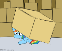 Size: 1200x1000 | Tagged: safe, artist:dreambreaker, rainbow dash, pegasus, pony, box, hiding, solo