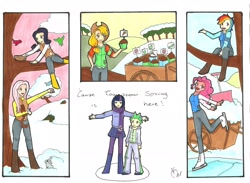 Size: 2323x1699 | Tagged: safe, artist:yuichan90, derpibooru import, applejack, fluttershy, pinkie pie, rainbow dash, rarity, spike, twilight sparkle, human, winter wrap up, humanized, mane seven, mane six, scene interpretation, snow, tree