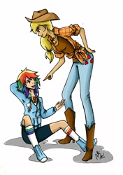 Size: 1305x1850 | Tagged: safe, artist:yuichan90, derpibooru import, applejack, rainbow dash, human, clothes, converse, humanized, shoes