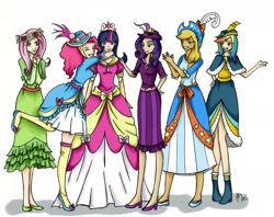 Size: 1820x1445 | Tagged: safe, artist:yuichan90, derpibooru import, applejack, fluttershy, pinkie pie, rainbow dash, rarity, twilight sparkle, twilight sparkle (alicorn), alicorn, human, clothes, coronation dress, dress, humanized