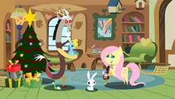 Size: 6666x3747 | Tagged: safe, artist:steampunk-brony, derpibooru import, angel bunny, derpy hooves, discord, fluttershy, rainbow dash, pegasus, pony, absurd resolution, christmas tree, cutie mark, female, fluttershy's cottage, mare, plushie, pointy ponies, present, tree