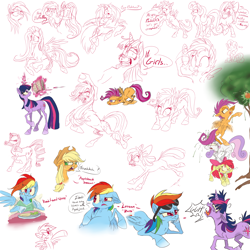 Size: 3000x3000 | Tagged: safe, artist:xenon, derpibooru import, apple bloom, applejack, fluttershy, rainbow dash, rarity, scootaloo, sweetie belle, twilight sparkle, earth pony, pegasus, pony, unicorn, applebuck season, lesson zero, read it and weep, apple, belly, book, cute, cutealoo, cutie mark crusaders, derp, groan, hooves, magic, partial color, pile, pony pile, scene interpretation, scrunchy face, sketch dump, sunglasses, tree, twilight snapple, vulgar